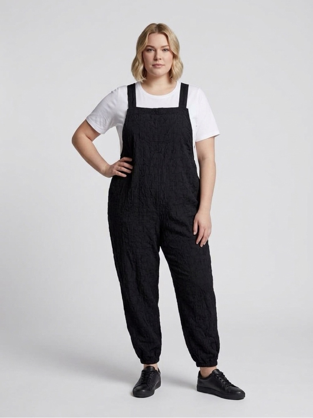 Black Textured Plus-Size Overalls Jumpsuit